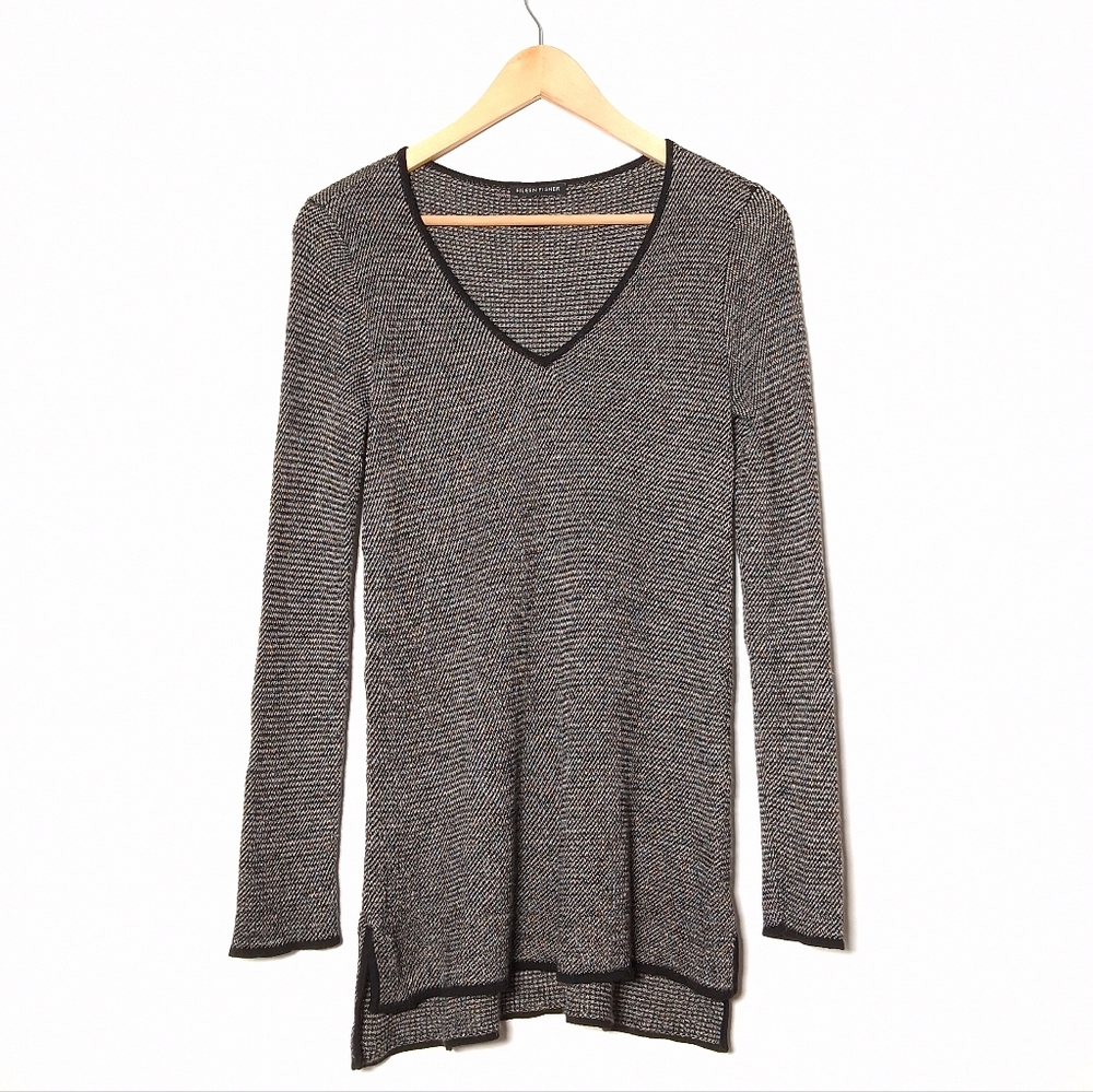 Eileen Fisher Sweater wool linen blend black & white marled knit V-neck Pullover